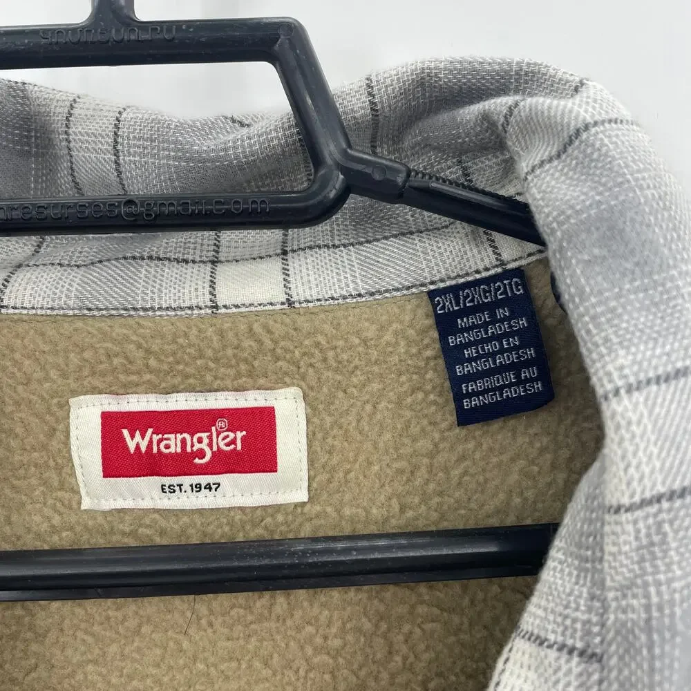 WRANGLER Mens Fleece Lined Shacket Size 2X Plaid Long Sleeve Button Front Grey